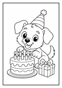 Kleurplaat van een vrolijke hond met een scheef feesthoedje, verjaardagstaart en cadeau in een feestelijke sfeer