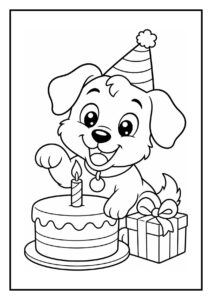 Leuke kleurplaat met een vrolijke hond in feestmuts die een cadeau bij de verjaardagsstoel met verjaardagstaart schuift