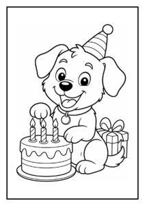 Vrolijke kleurplaat van een hond met een feestmuts die een verjaardagstaart versiert met drie kaarsjes en een cadeau erbij.
