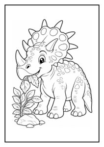 Kleurplaat van een Styracosaurus die over een modderige rivierbrug loopt
