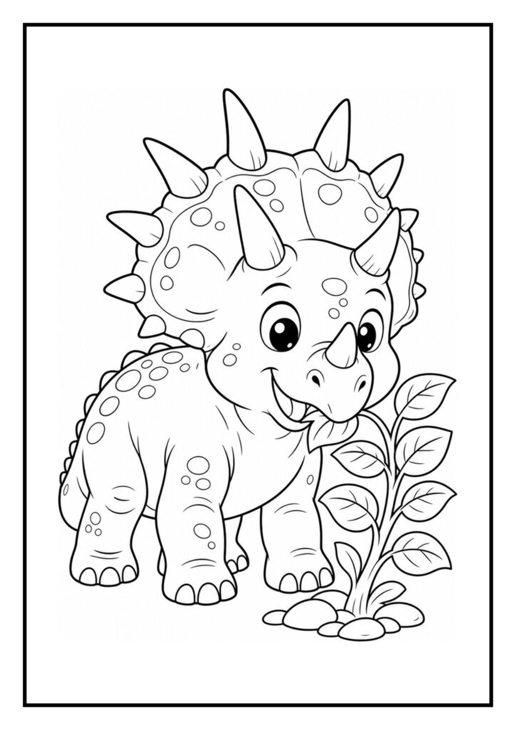 Kleurplaat van een Styracosaurus die zijn kudde bijeenroept in een vrolijke scène.
