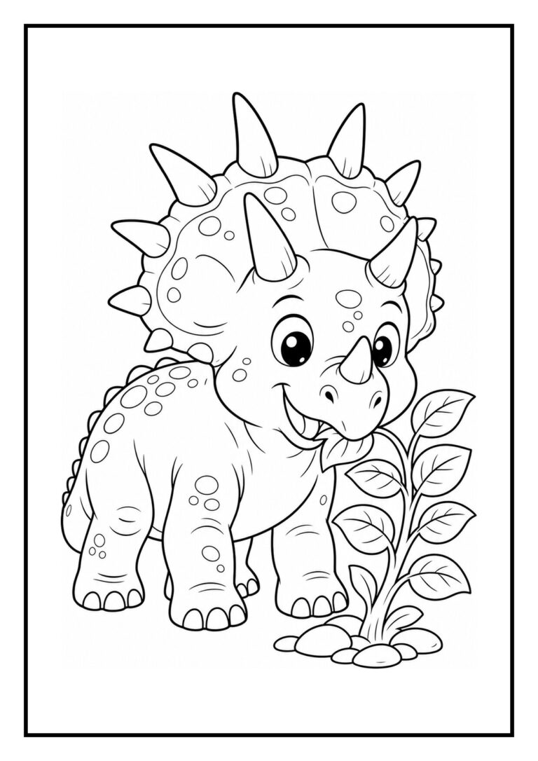 Kleurplaat van een Styracosaurus die zijn kudde bijeenroept in een vrolijke scène.