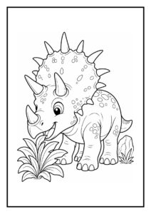 Leuke kleurplaat van een vrolijke Triceratops die pompoenen eet in een bosrijke omgeving