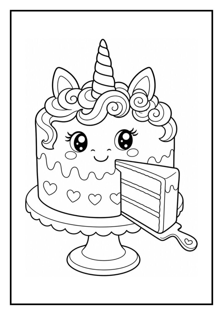 Kleurplaat van een vrolijke eenhoorn die stiekem taartcrème proeft met een plak cake op een taartplateau