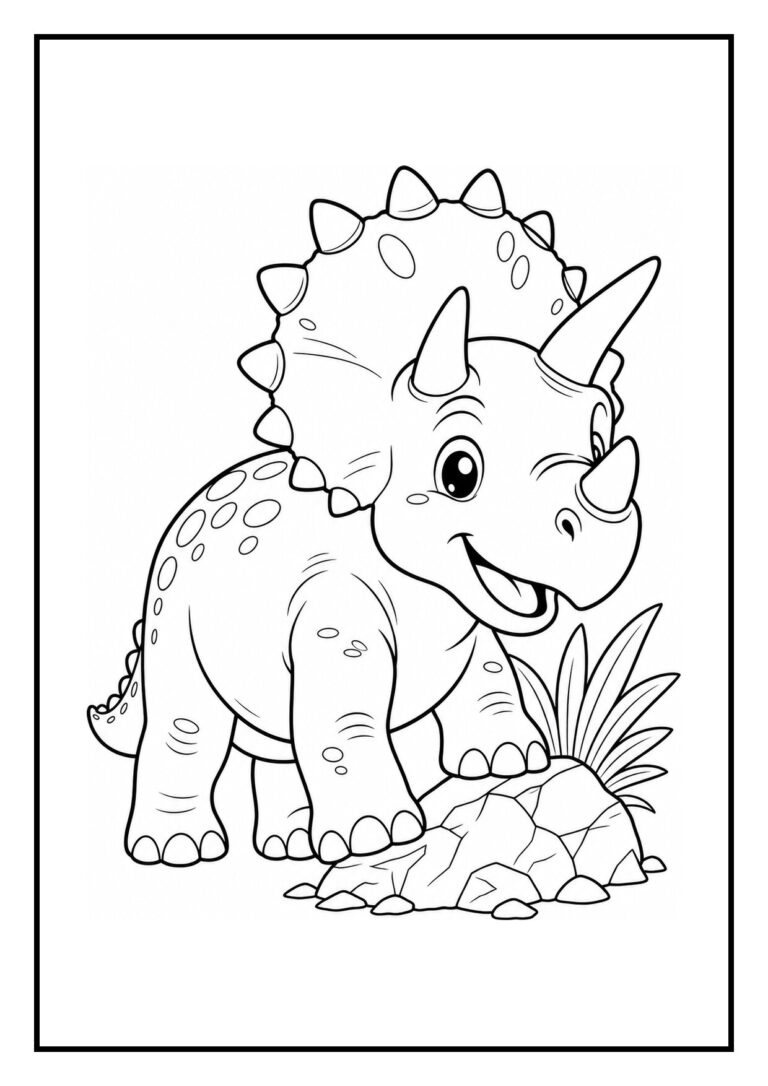 Schattige Triceratops kleurplaat met een vrolijke dinosaurus die op een rots bij een verborgen waterval staat.