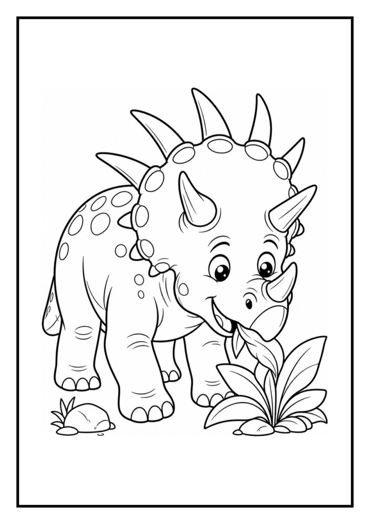 Kleurplaat van een Styracosaurus die fel zijn eetplek verdedigt in een bosrijke omgeving.