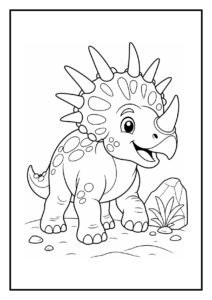 Styracosaurus kleurplaat met vallende herfstbladeren, vrolijk en makkelijk om in te kleuren