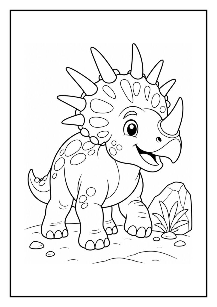 Styracosaurus kleurplaat met vallende herfstbladeren, vrolijk en makkelijk om in te kleuren