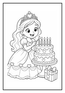 Kleurplaat van een prinses die haar cadeaudoos opent met een verjaardagstaart en zes kaarsjes.