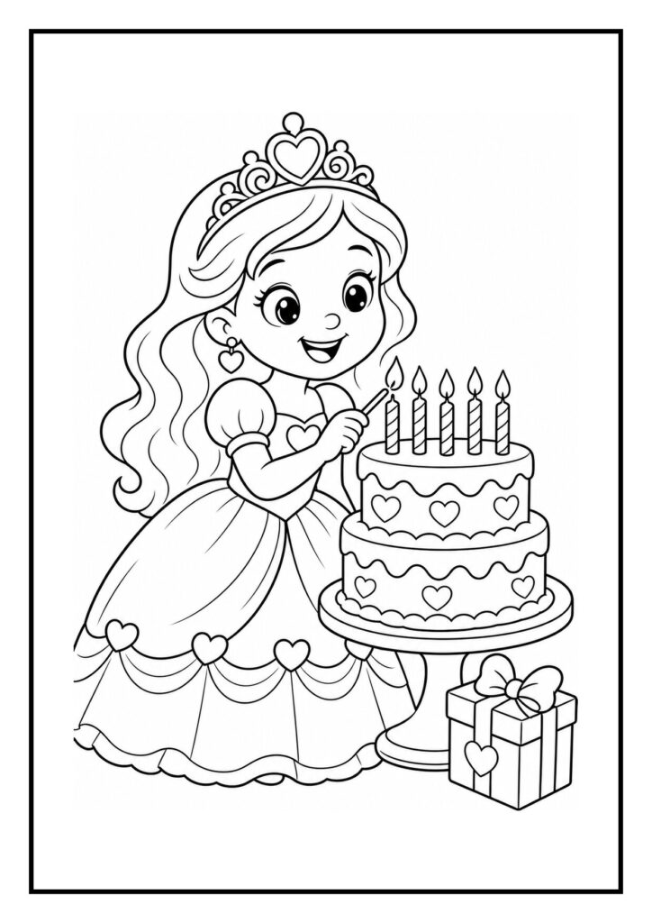 Kleurplaat van een prinses die haar cadeaudoos opent met een verjaardagstaart en zes kaarsjes.
