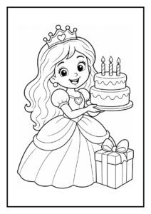 Kleurplaat van een vrolijke prinses met kroon die ballonnen loslaat tijdens haar verjaardagsfeest