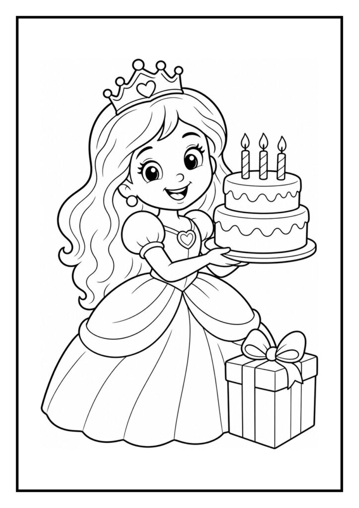 Kleurplaat van een vrolijke prinses met kroon die ballonnen loslaat tijdens haar verjaardagsfeest