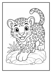 Vrolijk en schattig luipaardje dat over een omgevallen boomstam in de jungle springt om in te kleuren voor kinderen