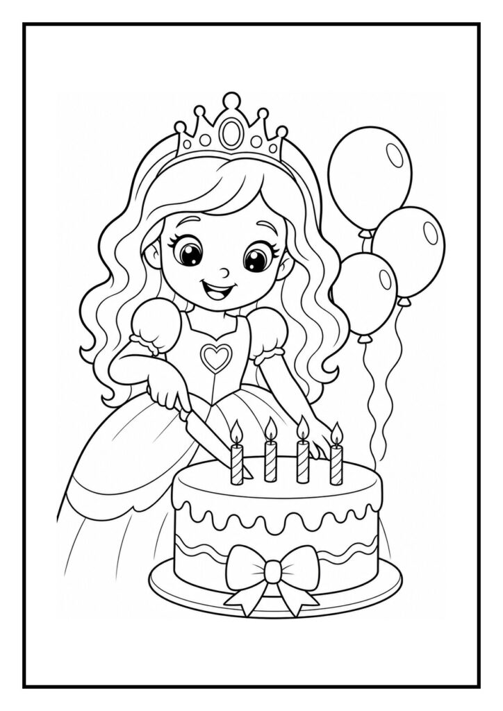 Kleurplaat van een prinses die een verjaardagstaart met vier kaarsjes aansnijdt, met ballonnen op de achtergrond.