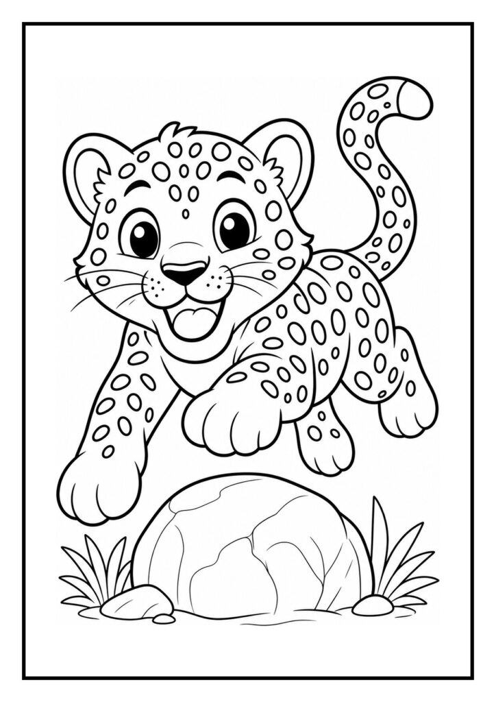 Kleurplaat van een schattige panter die behendig klimt in een boom in de jungle.