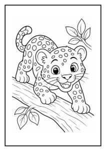 Leuke kleurplaat van een schattige jaguar die op een tak tussen grote junglebladeren staat