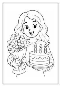 Kleurplaat van een meisje dat een verjaardagstaart met drie kaarsjes en een bos bloemen vasthoudt.
