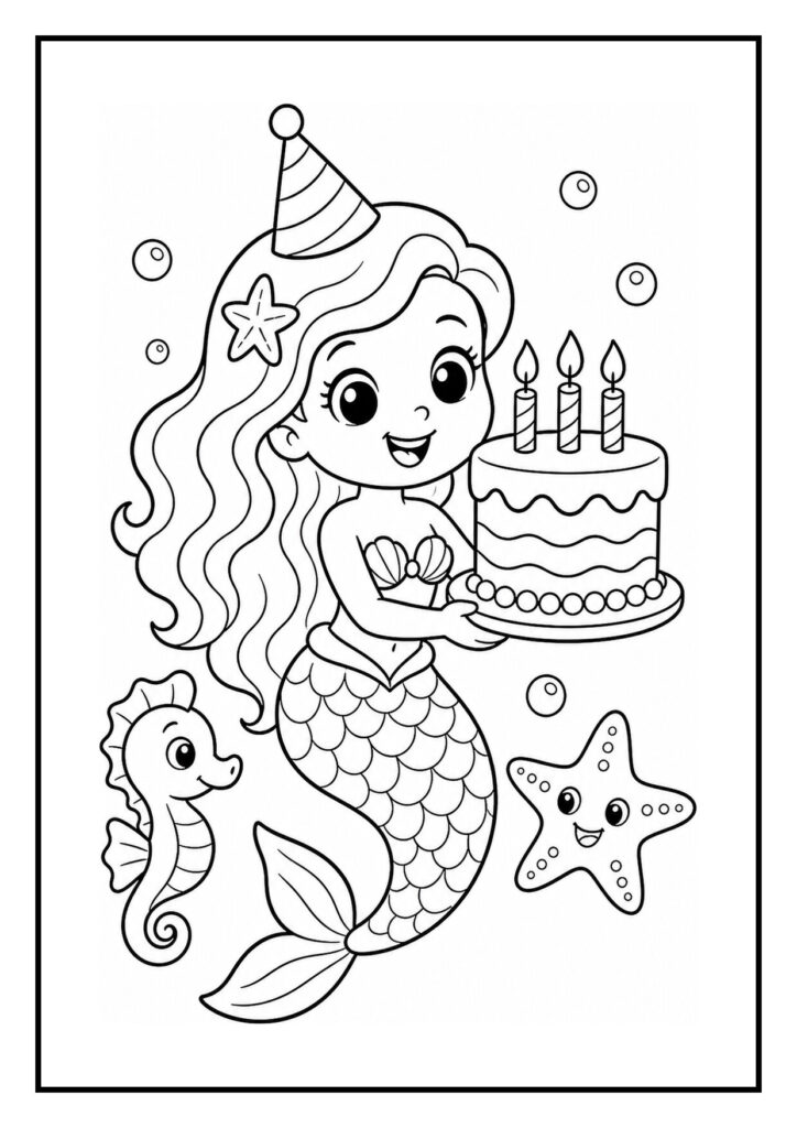 Kleurplaat met een vrolijke zeemeermin die een verjaardagstaart aansnijdt, omringd door zeedieren in een feestelijke onderwateromgeving