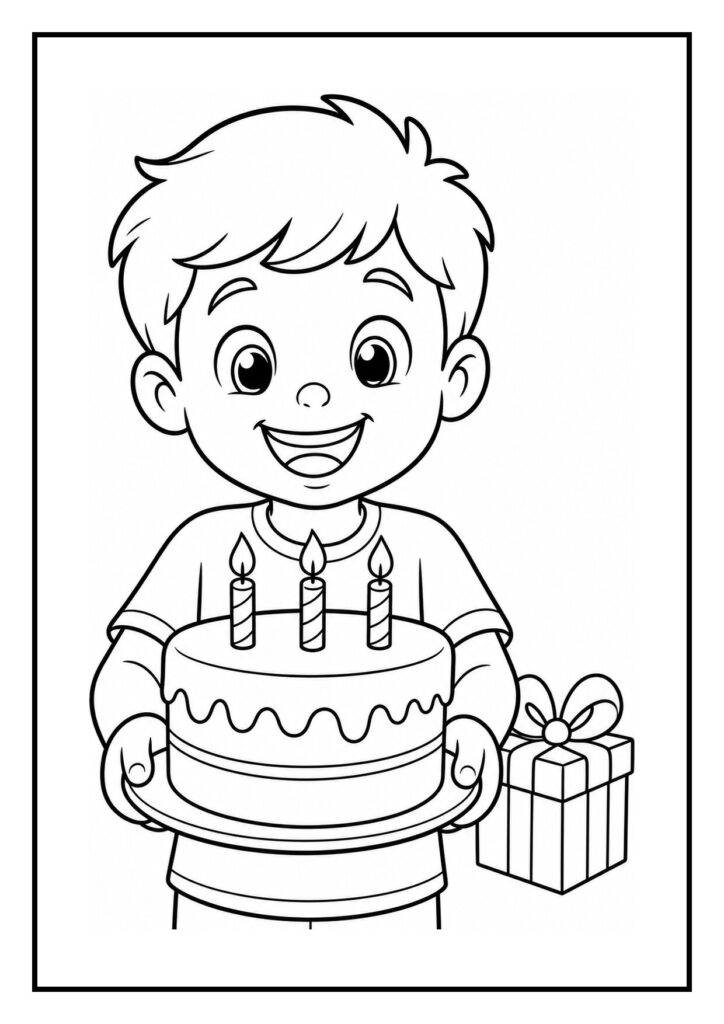 Vrolijke jongen die een verjaardagstaart met drie kaarsjes vasthoudt en een cadeau op de achtergrond