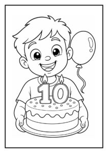 Kleurplaat van een vrolijke jongen die een grote verjaardagstaart vasthoudt met kaarsjes en een ballon op de achtergrond