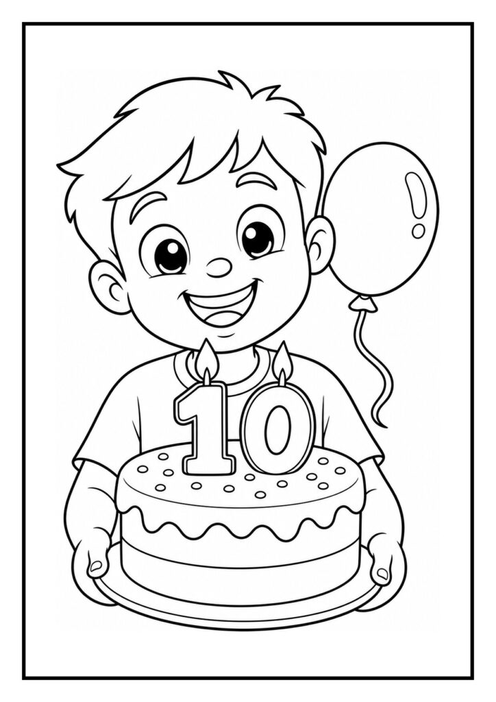 Kleurplaat van een vrolijke jongen die een grote verjaardagstaart vasthoudt met kaarsjes en een ballon op de achtergrond