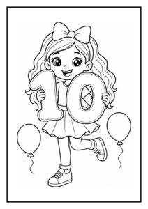Kleurplaat van een vrolijk meisje met een grote strik in haar haar dat het cijfer 10 vasthoudt, met ballonnen ernaast.
