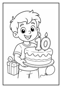 Kleurplaat van een jongen die blij een verjaardagstaart met kaarsjes in het cijfer 10 vasthoudt, met een cadeau en een ballon.