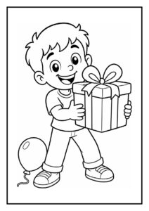 Kleurplaat van een vrolijke jongen die een cadeau vasthoudt met een ballon op de achtergrond