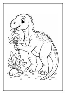 Kleurplaat van een vrolijke Iguanodon dinosaurus die water drinkt en blaadjes eet aan de rivier