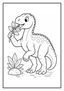 Kleurplaat van een iguanodon die vrolijk een boomstronk opzij duwt, geschikt voor kinderen.