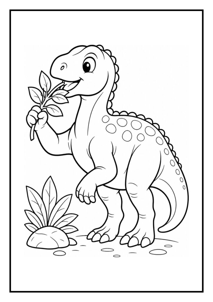 Kleurplaat van een iguanodon die vrolijk een boomstronk opzij duwt, geschikt voor kinderen.
