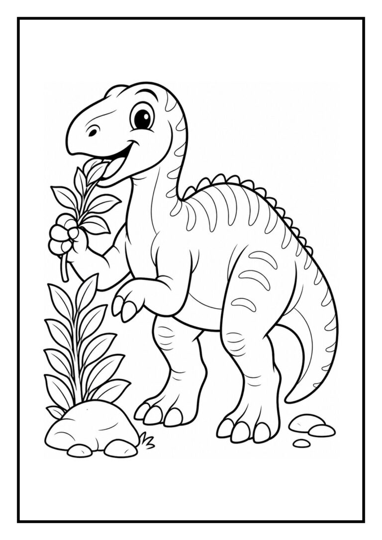 Kleurplaat van een vrolijke Iguanodon die aan een grote varen snuffelt