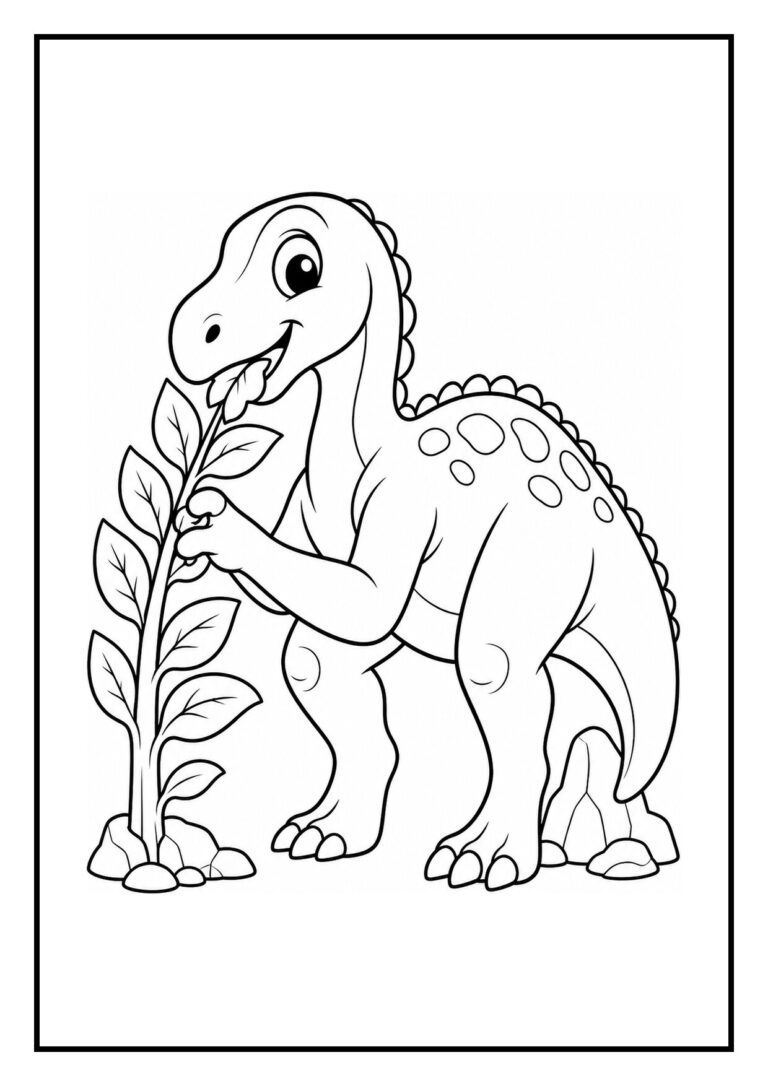Kleurplaat van een vrolijke iguanodon dinosaurus die aan een plant knabbelt