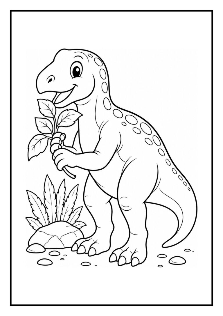 Kleurplaat van een Iguanodon die een jong dinosaurusje beschermt met een blad in zijn poot.
