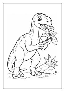 Leuke kleurplaat van een vrolijke Iguanodon die een blad eet en roept op een prehistorische dinoheuvel