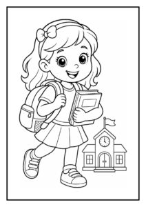Kleurplaat van een vrolijk meisje met een rugzak en boeken, lopend naar school met een schoolgebouw op de achtergrond.