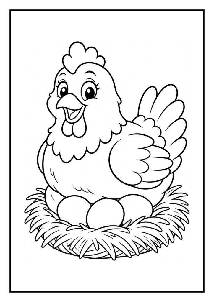 Kleurplaat van een vrolijke kip die op een nest met eieren zit, geschikt voor peuters.