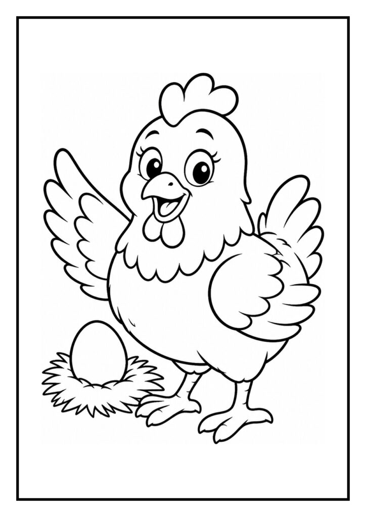 Vrolijke kleurplaat van een kip die haar kuiken beschermt onder haar vleugel in een nest met een ei.
