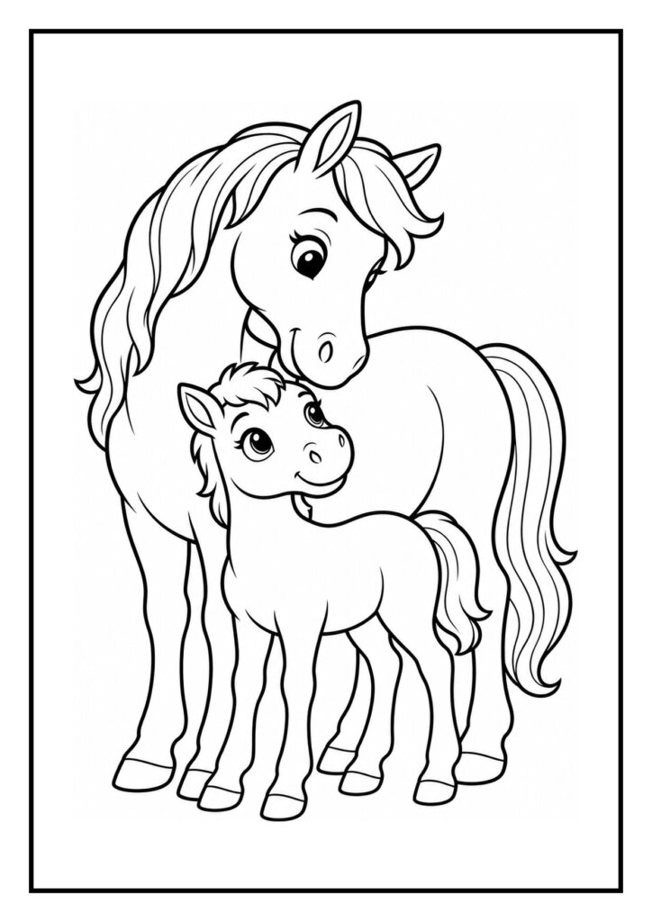 Schattige kleurplaat van een paard met een veulen die samen staan en naar elkaar kijken