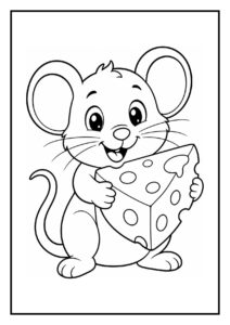 Kleurplaat van een vrolijke schattige muis die speelde verstoppertje in een kaasdoos en een groot stuk kaas vasthoudt.