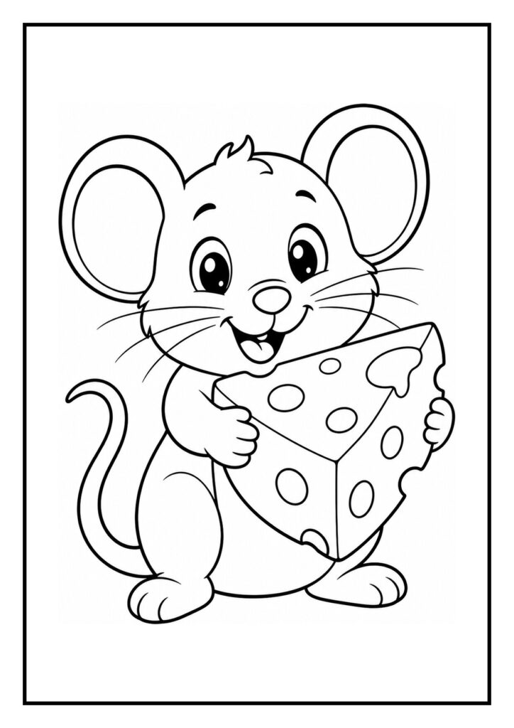 Kleurplaat van een vrolijke schattige muis die speelde verstoppertje in een kaasdoos en een groot stuk kaas vasthoudt.