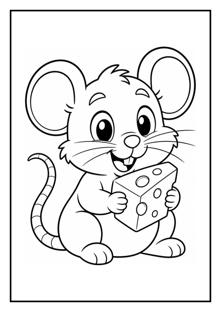 Kleurplaat van een muis die een mand vol appels trekt met een vrolijke uitstraling