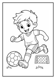 Een vrolijk jongetje dat een voetbal schiet op een klein doel in een eenvoudige kleurplaat.