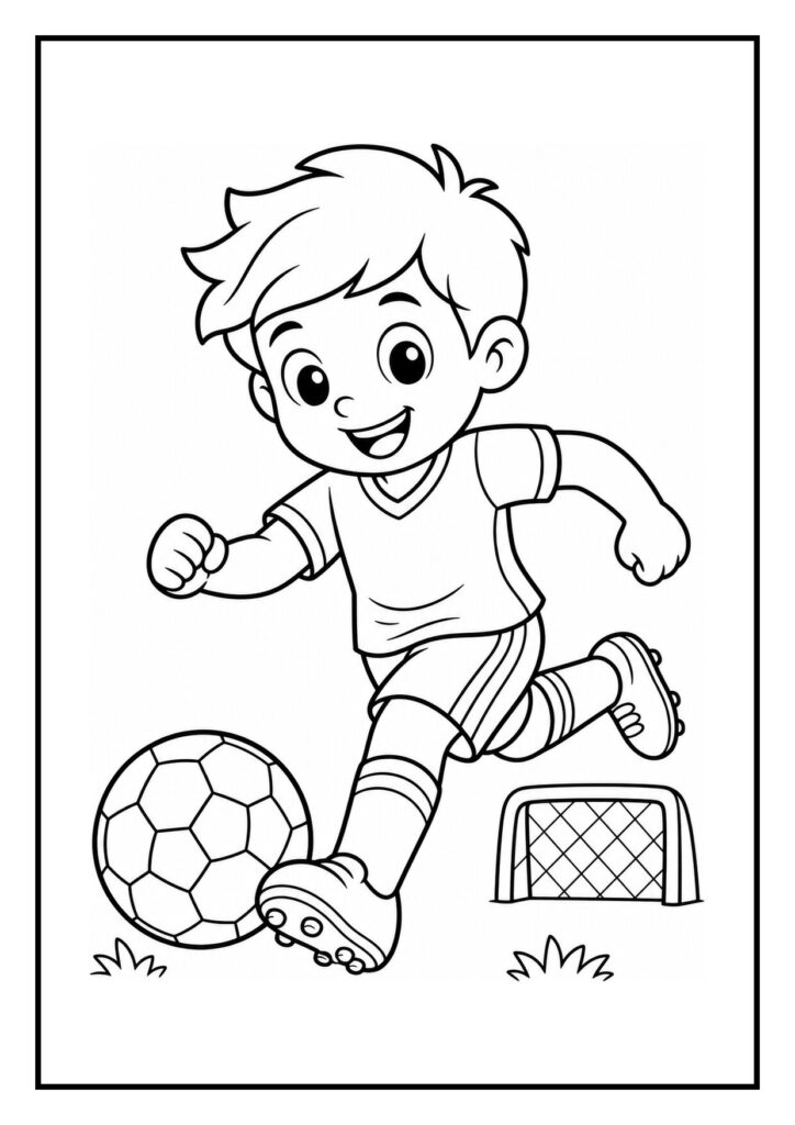 Een vrolijk jongetje dat een voetbal schiet op een klein doel in een eenvoudige kleurplaat.