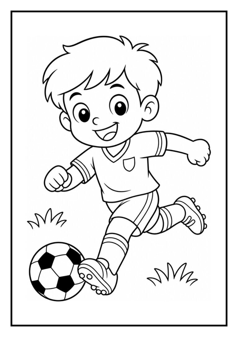 Kleurplaat van een vrolijke jongen die aan het voetballen is.