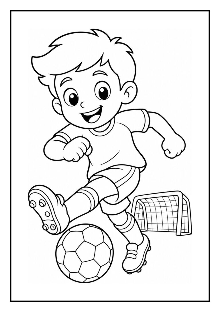 Kleurplaat van een vrolijk jongetje dat aan het voetballen is met een doelnet op de achtergrond