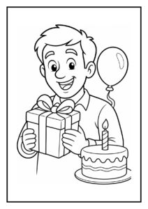 Kleurplaat van een jongen die blij een verjaardagscadeau vasthoudt met een verjaardagstaart en een ballon op de achtergrond.