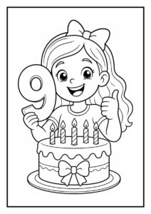 Vrolijke kleurplaat van een meisje dat een cijfer 9 ballon vasthoudt met een verjaardagstaart en kaarsjes.