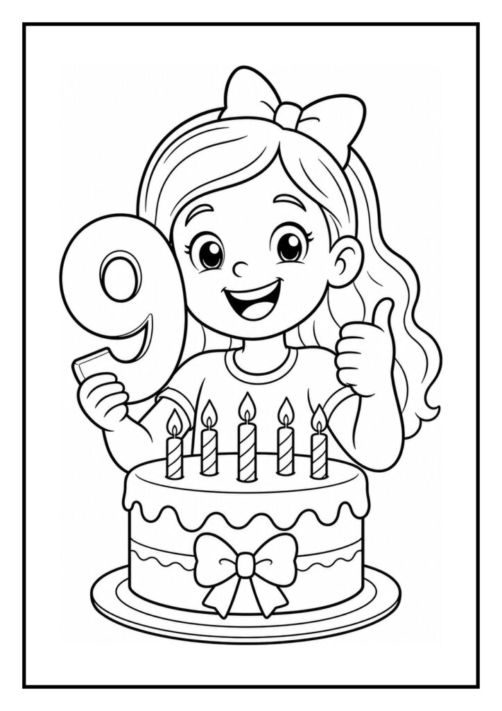 Vrolijke kleurplaat van een meisje dat een cijfer 9 ballon vasthoudt met een verjaardagstaart en kaarsjes.