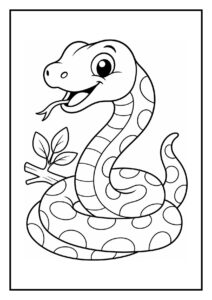 Leuke kleurplaat van een smiling slang met grote stippen en een tak met bladeren op de achtergrond, die een ei in een bosnest ontdekt.